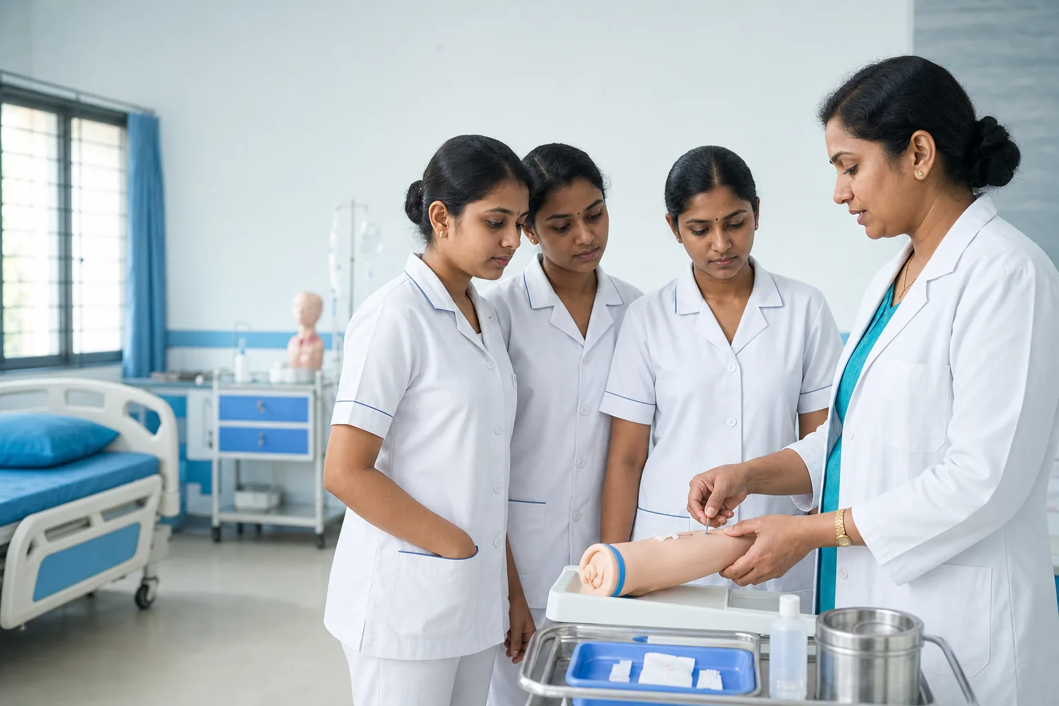 Indian nursing students learning a clinical procedure with their instructor