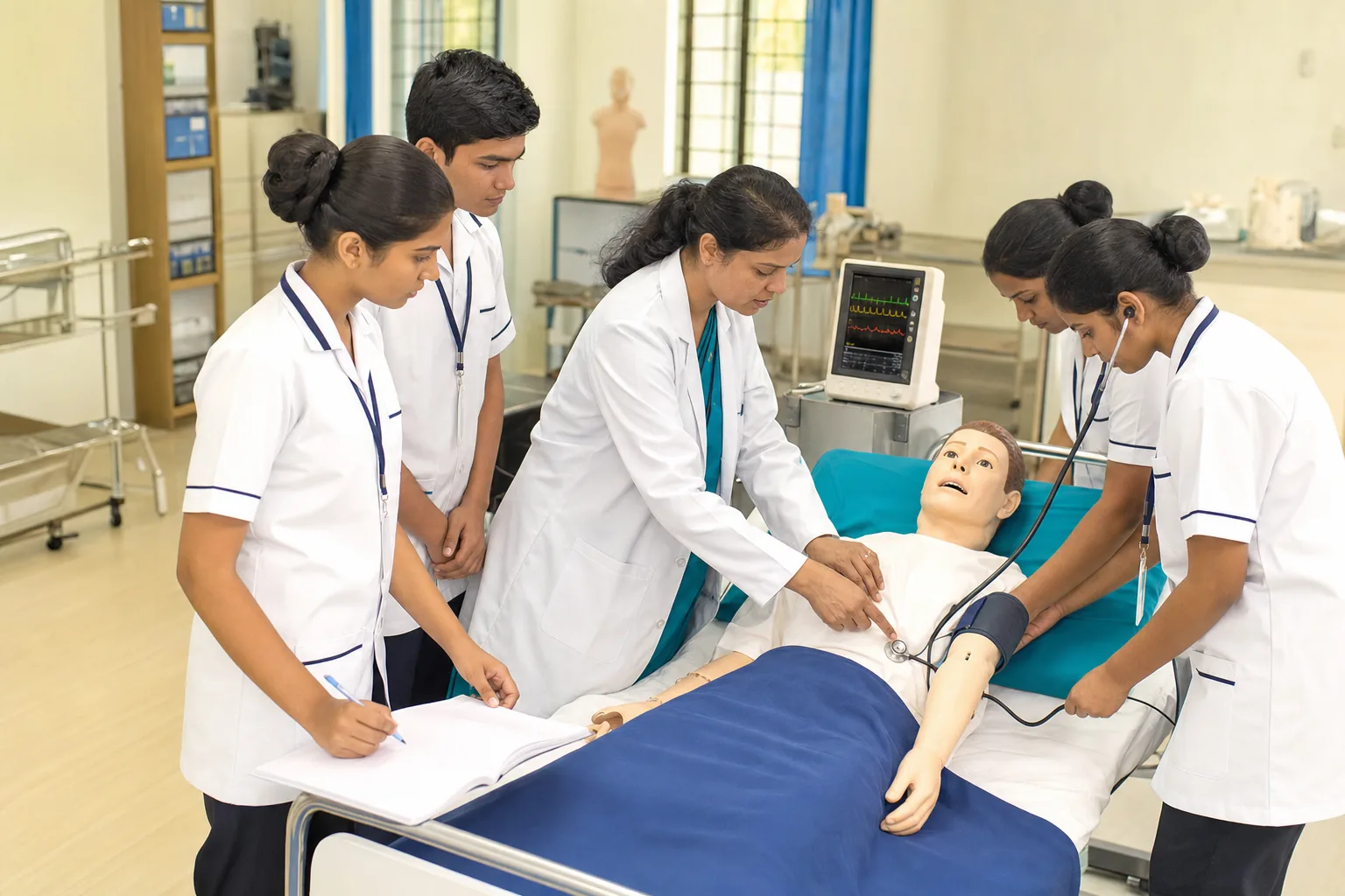 Nursing students performing a supervised assessment on a medical training mannequin